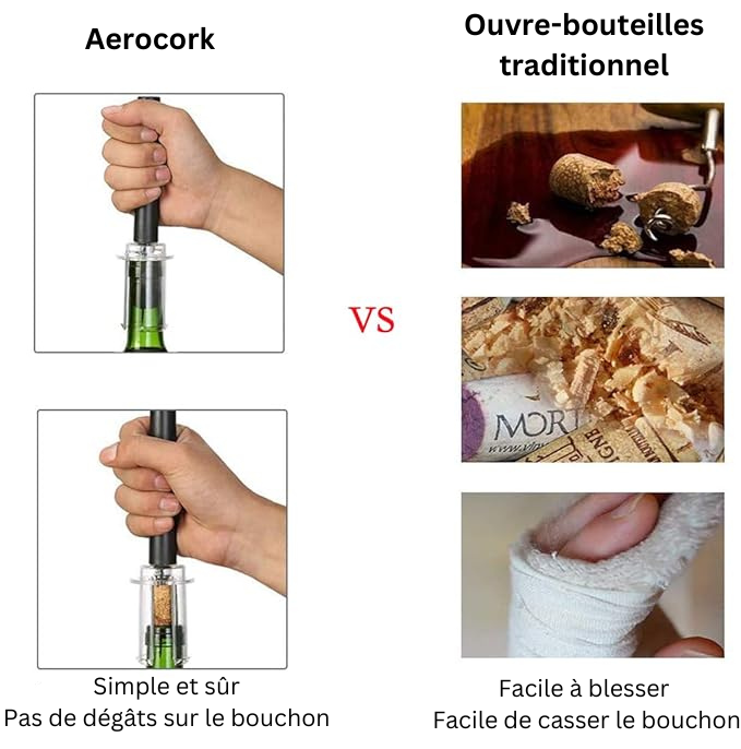 AeroCork vs traditional bottle opener comparison; features of easy and safe cork removal without damage.