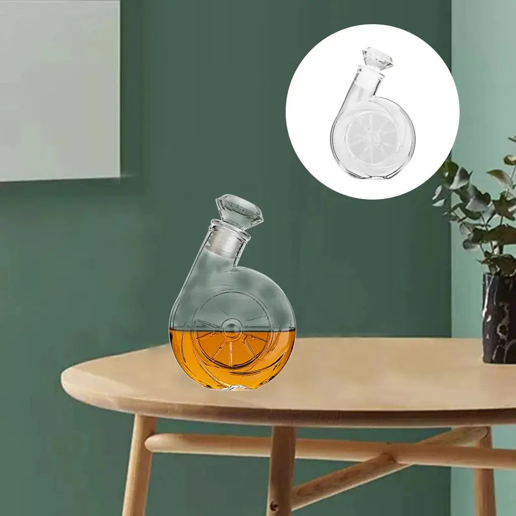 RétroVin™ vintage carafe with diamond-shaped stopper on a table, showcasing elegant design and spirit clarity.