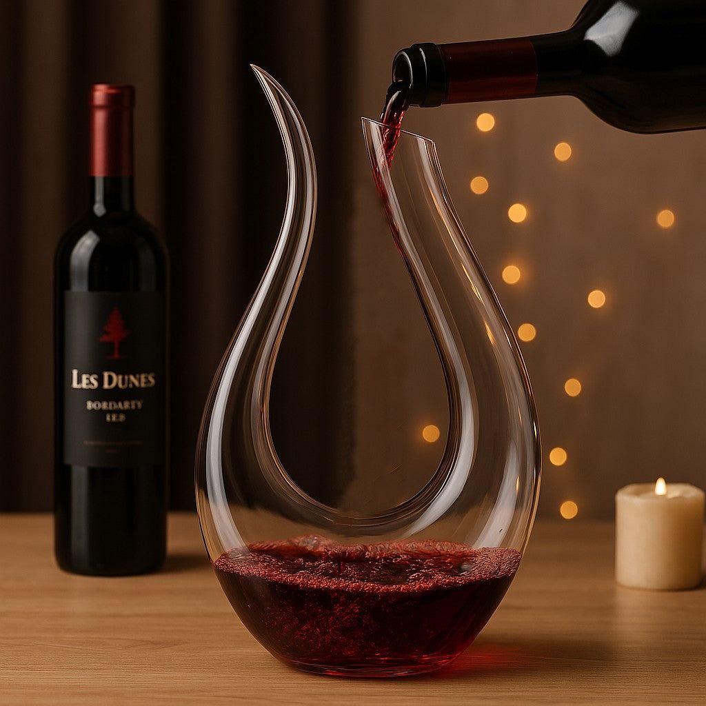 Luxe crystal wine carafe 1500ml with elegant U-shape for optimal aeration, enhancing wine taste and aroma.