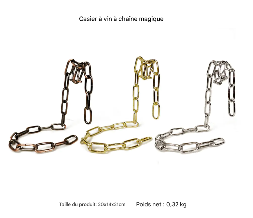 Elegant chain wine bottle holders showcasing a floating illusion, available in metallic finishes.