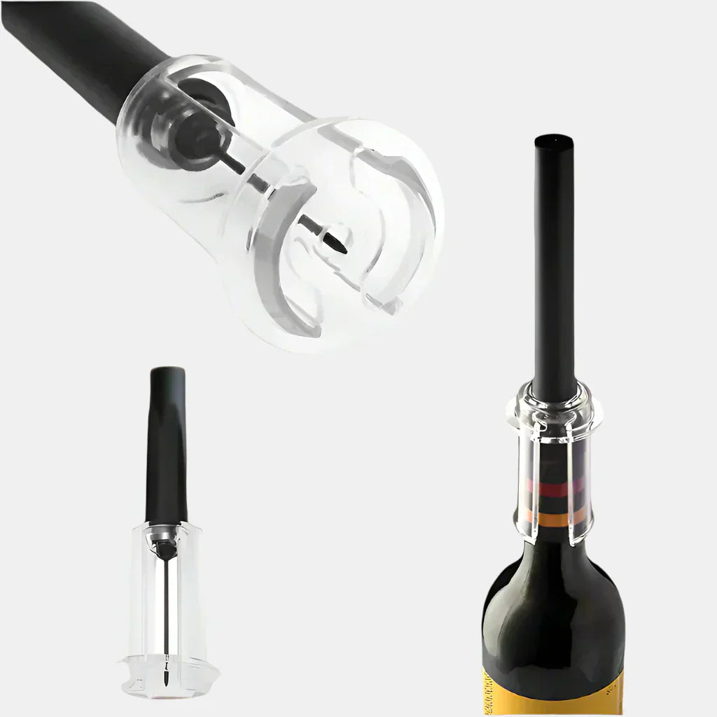 Stainless steel AeroCork wine opener demonstrating easy bottle opening mechanism.