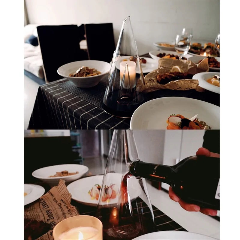 Transparent CrystalPyramid™ wine decanter on dining table, showcasing elegant glassware and luxurious design.