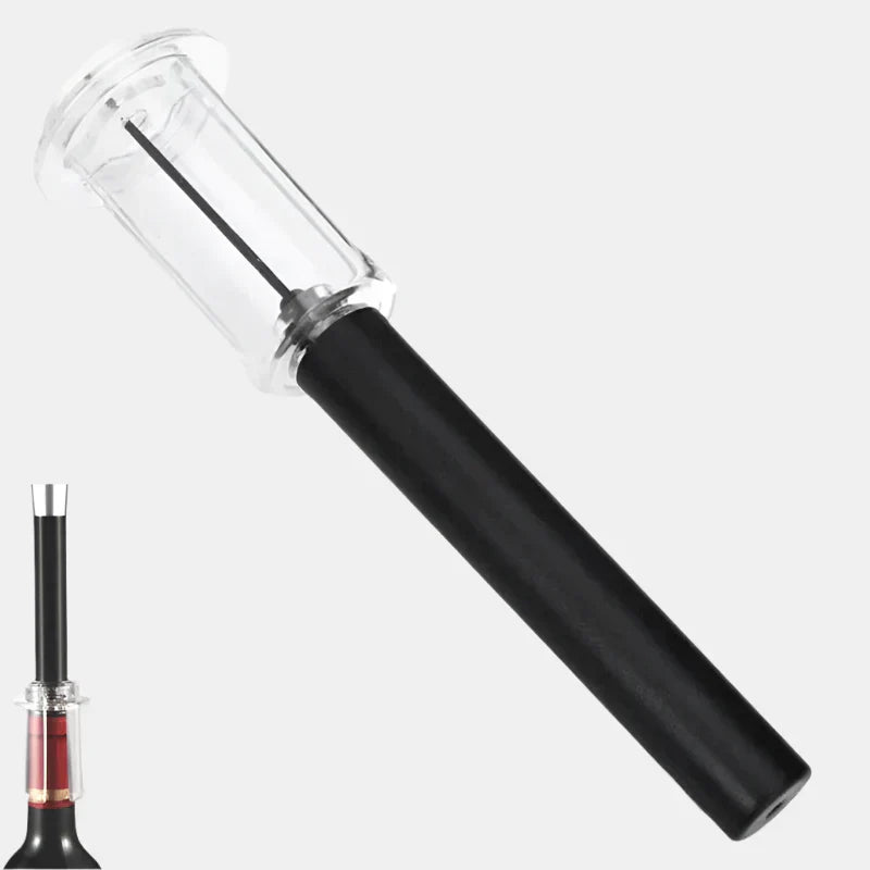Ouvre-vin AeroCork en acier inoxydable, noir élégant, design robuste et rapide.