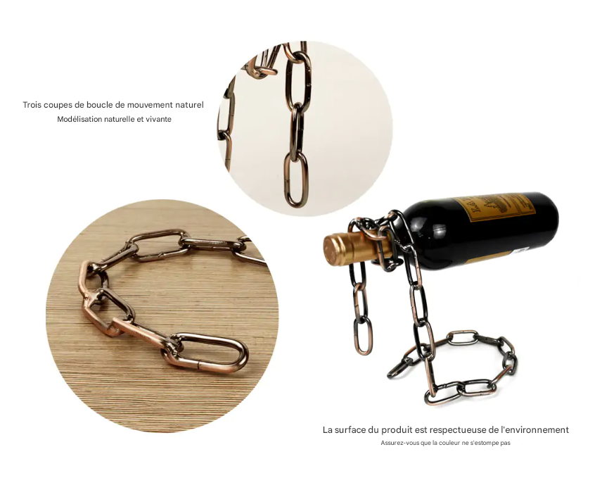 FlottaVin porte-bouteille magique en chaîne de fer avec bouteille de vin flottante, fer robuste et design innovant.